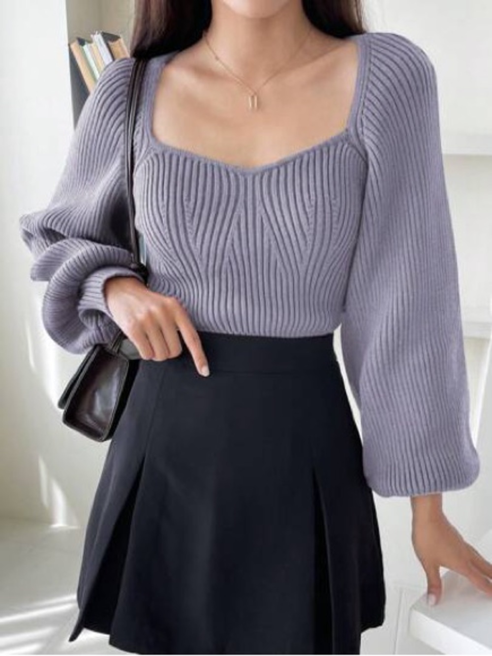 Square Neck Ribbed Pullover Sweater - Lavender